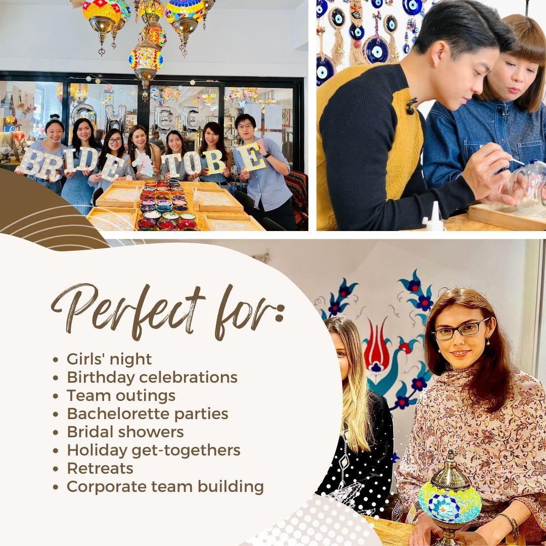 Collage of people at a table with decorative elements, text 'Perfect for:', and a woman holding a colorful lantern.